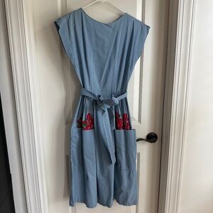 1950s Swirl Blue Wrap Dress with red embroidered flowers
